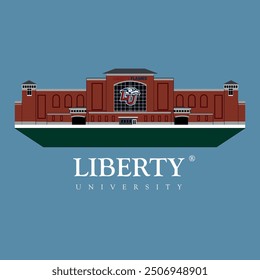 Liberty University main building illustration, red color and blue background vector clip art, cityscape of liberty university, symmetrical building design, embroidery design for caps and shirts