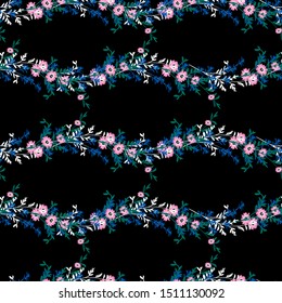 Libery small blooming flower in wave stripe line shape seamless pattern in vector ,Design for fashion, fabric,web,wallpaper and all prints on black background color