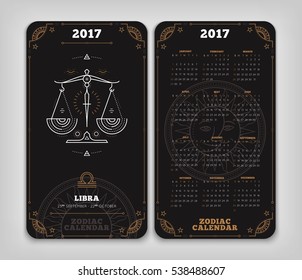Libra 2017 year zodiac calendar pocket size vertical layout Double side white color design style vector concept illustration.