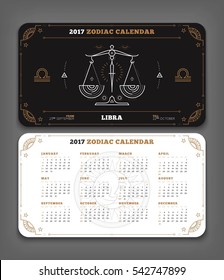 Libra 2017 year zodiac calendar pocket size horizontal layout Double side white color design style vector concept illustration