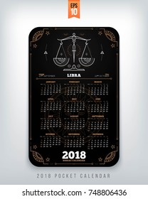 Libra 2018 year zodiac calendar pocket size vertical layout Black color design style vector concept illustration.