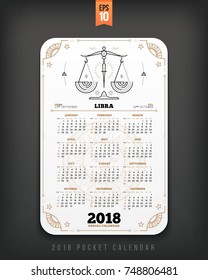 Libra 2018 year zodiac calendar pocket size vertical layout White color design style vector concept illustration.