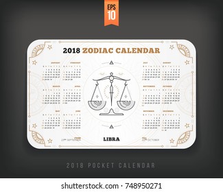 Libra 2018 year zodiac calendar pocket size horizontal layout White color design style vector concept illustration.