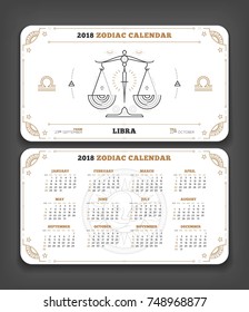 Libra 2018 year zodiac calendar pocket size horizontal layout Double side white color design style vector concept illustration