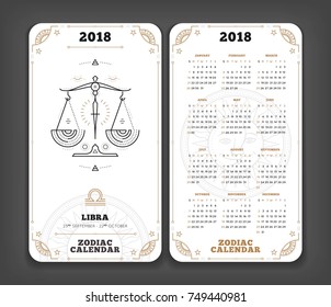 Libra 2018 year zodiac calendar pocket size vertical layout Double side white color design style vector concept illustration