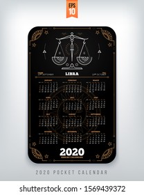 Libra 2020 year zodiac calendar pocket size vertical layout Black color design style vector concept illustration