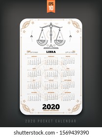 Libra 2020 year zodiac calendar pocket size vertical layout white color design style vector concept illustration