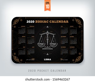 Libra 2020 year zodiac calendar pocket size horizontal layout black color design style vector concept illustration