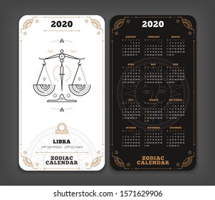 Libra 2020 year zodiac calendar pocket size vertical layout Double side black and white color design style vector concept illustration