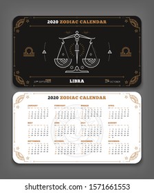 Libra 2020 year zodiac calendar pocket size horizontal layout Double side black and white color design style vector concept illustration