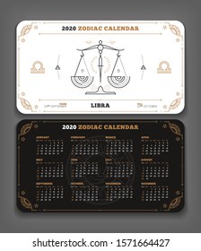 Libra 2020 year zodiac calendar pocket size horizontal layout Double side white and black color design style vector concept illustration