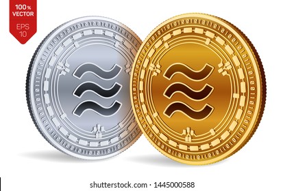 Libra. 3D isometric Physical coins. Digital currency. Cryptocurrency. Golden and silver coins with Libra symbol isolated on white background. Vector illustration.