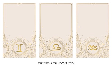 Libra, Aquarius, Gemini, astrological air zodiac signs, set of vintage story cards with copy space for text, boho design in natural colors with golden horoscope symbols. Modern aesthetic vector illust