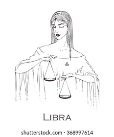 Libra, astrological horoscope, girls in style of signs of zodiac, icon. Zodiac signs Libra. Hand drawn Vector illustration. Zodiac girl Libra. Isolated on background.