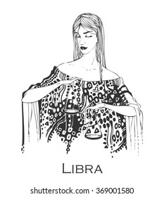 Libra, astrological horoscope, girls in style of signs of zodiac, icon. Zodiac signs Libra. Hand drawn Vector illustration. Zodiac girl Libra. Isolated on background.