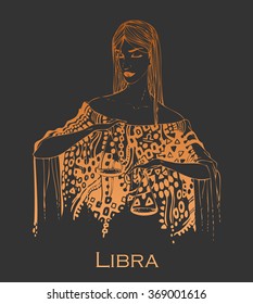 Libra, astrological horoscope, girls in style of signs of zodiac, icon. Zodiac signs Libra. Hand drawn Vector illustration. Zodiac girl Libra. Isolated on background.