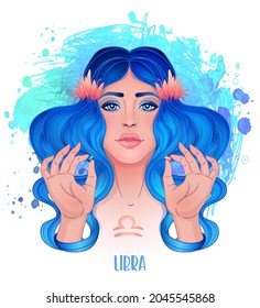 Libra astrological sign as a beautiful girl. Vector illustration over watercolor background isolated on white. Future telling, horoscope. Fashion woman zodiac set. 