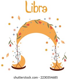 Libra astrological sign. Zodiac sign with colorful leaves and stars around. Libra perfect for posters, logo, cards. Vector illustration.