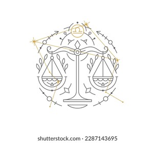 Libra astrological symbol with Zodiac constellation, connected stars. Scales Astrology horoscope sign and stars on white background thin line vector illustration