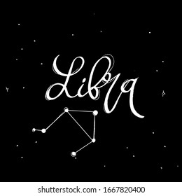 Libra. Astrology lettering collection zodiac sign with Constellation Stars  White  on  Black  Background - Vector modern Graphic Design and drawing art ink illustration.