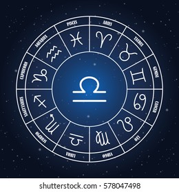 Libra astrology sing in zodiac circle on the background of starry sky, set of astrology sings