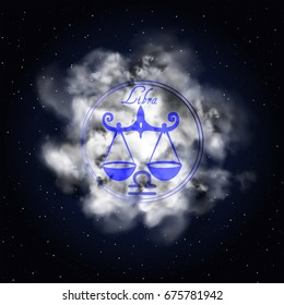 Libra Astrology zodiac constellation on smoke against a background of a sky full of stars.