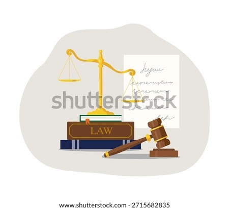Libra, books and gavel with document. Lawyer and attorney firm vector illustration.