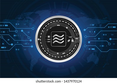 Libra coin digital currency on world map, futuristic digital money, 