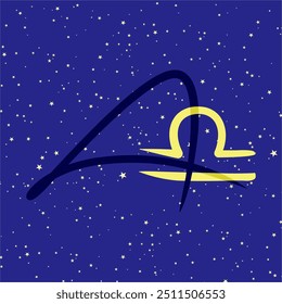 Libra in combination with the letter A. Zodiac sign. On a dark blue starry background. Astrology and horoscopes concept. Vector illustration.