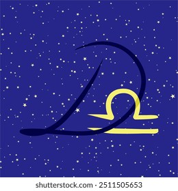 Libra em combinação com a letra D. Sinal de zodíaco. Em um fundo estrelado azul escuro. Conceito de astrologia e horóscopos. Ilustração vetorial.