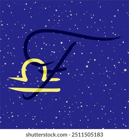 Libra in combination with the letter F. Zodiac sign. On a dark blue starry background. Astrology and horoscopes concept. Vector illustration.