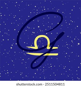 Libra in combination with the letter G. Zodiac sign. On a dark blue starry background. Astrology and horoscopes concept. Vector illustration.