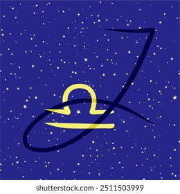 Libra em combinação com a letra J. Zodiac sign. Em um fundo estrelado azul escuro. Conceito de astrologia e horóscopos. Ilustração vetorial.