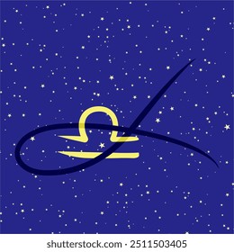 Libra em combinação com a letra L. Sinal de zodíaco. Em um fundo estrelado azul escuro. Conceito de astrologia e horóscopos. Ilustração vetorial.