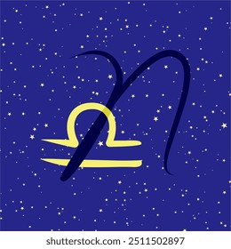 Libra in combination with the letter N. Zodiac sign. On a dark blue starry background. Astrology and horoscopes concept. Vector illustration.