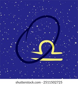 Libra in combination with the letter O. Zodiac sign. On a dark blue starry background. Astrology and horoscopes concept. Vector illustration.