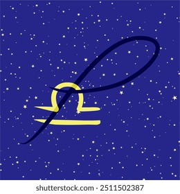 Libra in combination with the letter P. Zodiac sign. On a dark blue starry background. Astrology and horoscopes concept. Vector illustration.