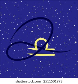 Libra em combinação com a letra Q. Sinal de zodíaco. Em um fundo estrelado azul escuro. Conceito de astrologia e horóscopos. Ilustração vetorial.