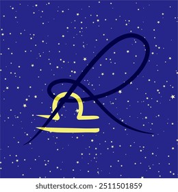 Libra in combination with the letter R. Zodiac sign. On a dark blue starry background. Astrology and horoscopes concept. Vector illustration.