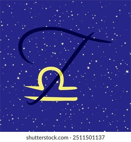 Libra em combinação com a letra T. Zodiac sign. Em um fundo estrelado azul escuro. Conceito de astrologia e horóscopos. Ilustração vetorial.