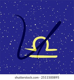 Libra em combinação com a letra U. Sinal de zodíaco. Em um fundo estrelado azul escuro. Conceito de astrologia e horóscopos. Ilustração vetorial.