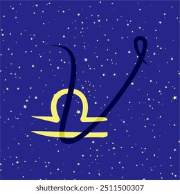 Libra in combination with the letter V. Zodiac sign. On a dark blue starry background. Astrology and horoscopes concept. Vector illustration.