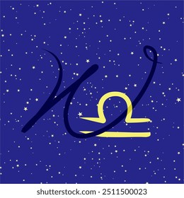 Libra in combination with the letter W. Zodiac sign. On a dark blue starry background. Astrology and horoscopes concept. Vector illustration.