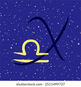 Libra em combinação com a letra X. Sinal de zodíaco. Em um fundo estrelado azul escuro. Conceito de astrologia e horóscopos. Ilustração vetorial.