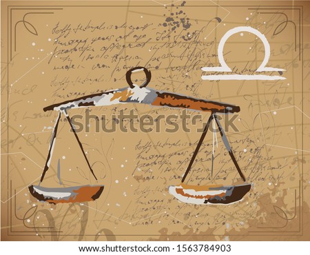 Libra constellation. Antique astrological chart of the starry sky with the zodiac sign. Hand drawing. Vector vintage image.