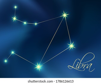 Libra constellation astrology vector illustration. Stars in dark blue night sky. Libra zodiac constellations sign beautiful starry sky. Libra horoscope symbol made of gold star sparkles and lines.