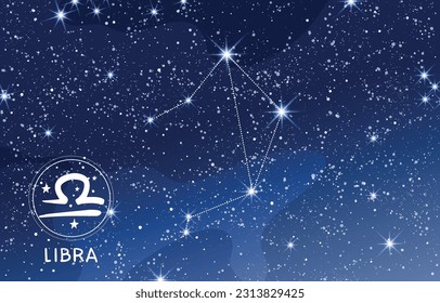 Libra constellation in the blue night sky, zodiac sign on blue background, astrology banner for horoscope, modern astronomy map, mystical vector illustration.