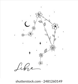 Libra constellation with Hand drawn doodle flowers, leaves, florals and stars. Vector art, graphic illustration clipart. This illustration is a beautiful and creative representation of the Libra