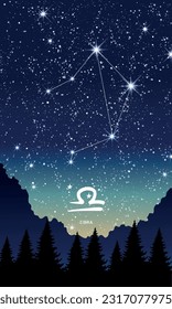 Libra constellation in the night sky, Zodiac sign, horoscope, mountain landscape vertical template for stories. Background for astrology, fortune teller, calendar. Modern vector illustration.