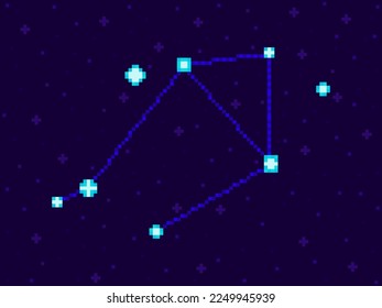 Constelación de Libra en estilo de arte píxel. Estrellas de 8 bits en el cielo nocturno al estilo de videojuegos retro. Grupo de estrellas y galaxias. Diseño para aplicaciones, carteles y afiches. Ilustración del vector